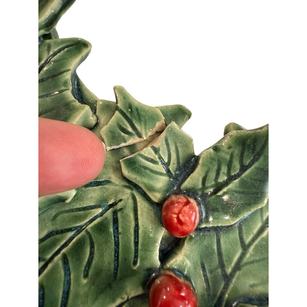 Handmade Pottery Holly Wreath 3D Decor Christmas Holiday 10” Studio - Picture 7 of 9